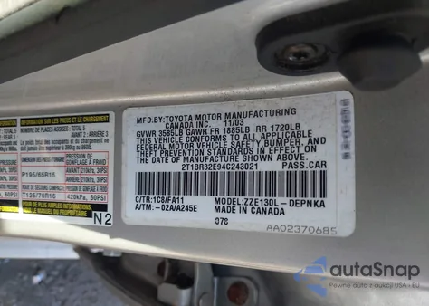 2004 Toyota Corolla Le из США, поврежденный, VIN 2T1BR32E94C243021